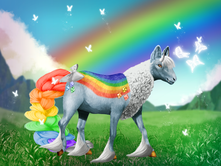 an enivi with a blue base and rainbow markings on it's back and tail